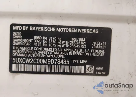 2021 BMW X7 xDrive40I z USA, uszkodzony, nr VIN 5UXCW2C00M9D78485